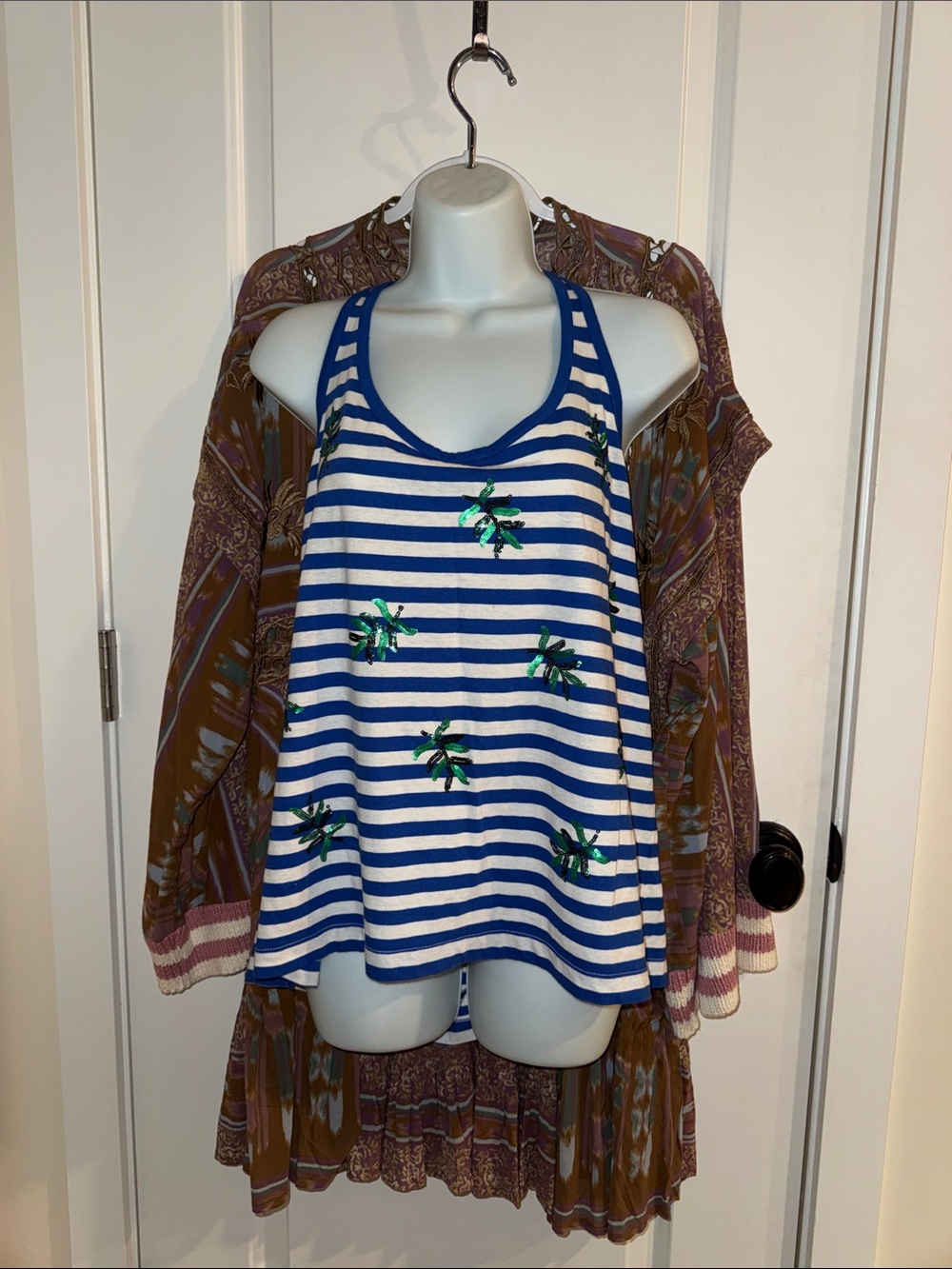 J.Crew Striped Blue and White with Green Palm Sequins Embroidered Racerback Tank
